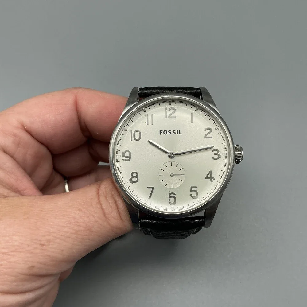 Fossil Mens Watch 42mm Silver Tone Black Leather Small Seconds New Battery